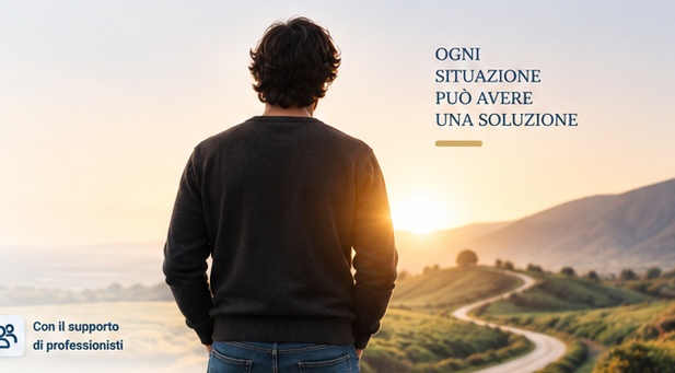 Persona davanti a un paesaggio con strada verso l’orizzonte. Ogni situazione può avere una soluzione.